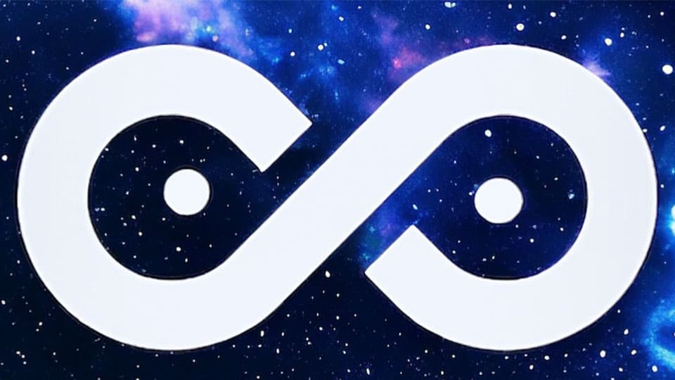 Bucket Productions logo. The background is resembles a galaxy and there is a graphic shaped like a figure of eight with two dots in the centre of the holes. This is the logo for Buckets Productions.